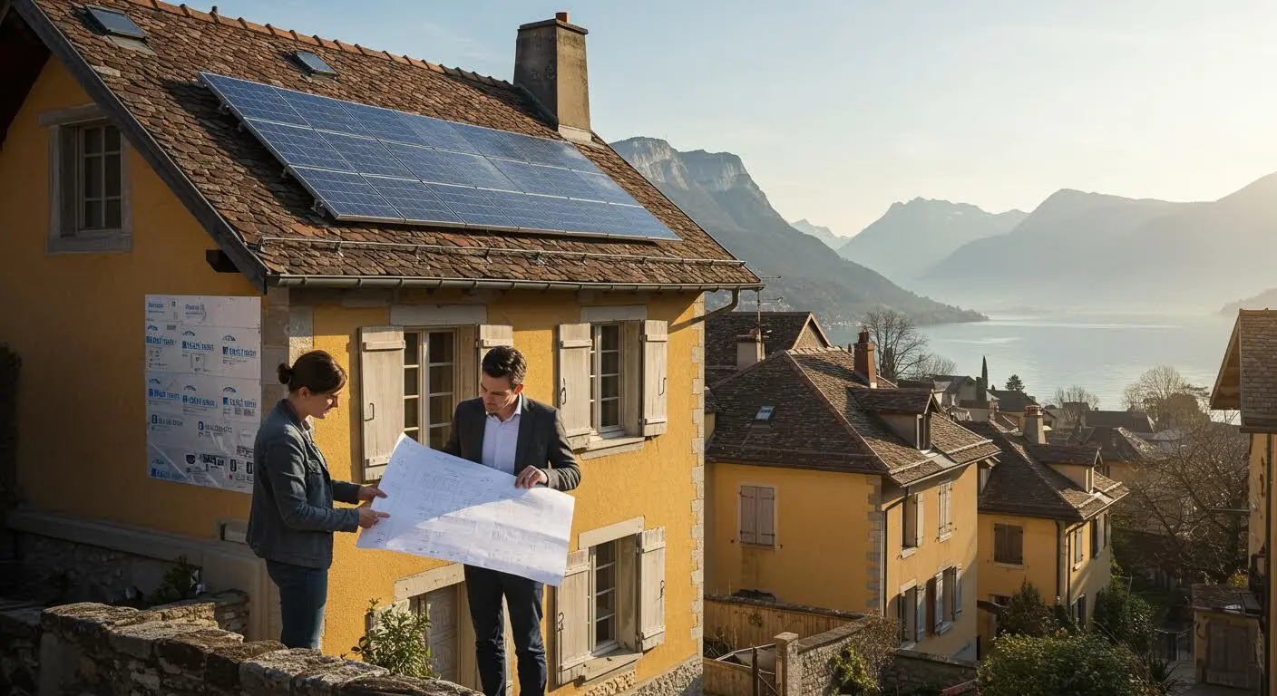 Famille observant un auditeur énergétique devant leur maison rénovée à Annecy.