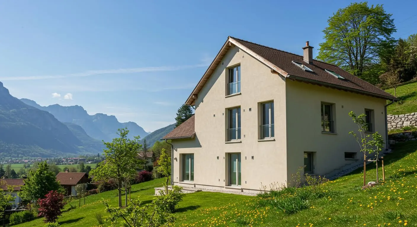 Maison moderne économe en énergie dans un paysage montagneux près d'Annecy.