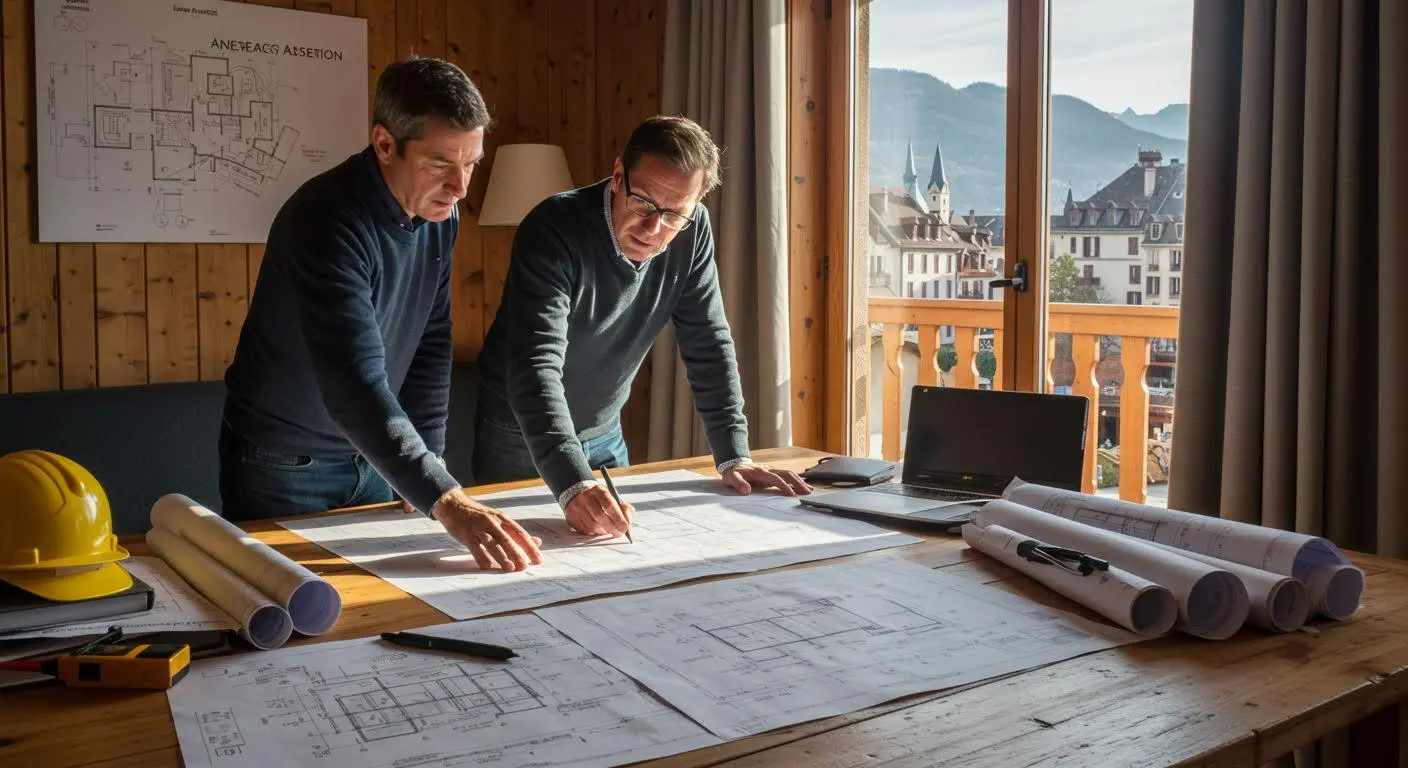 Deux personnes discutent de plans d'architecture dans un bureau rustique moderne.
