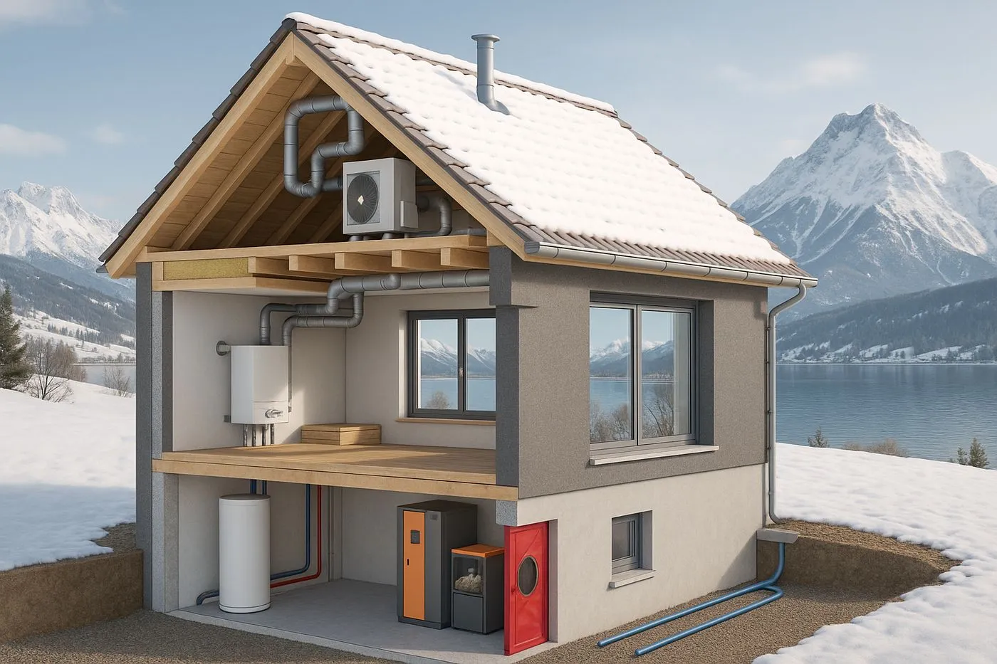 Maison alpine moderne près d'Annecy avec rénovations énergétiques, sous une lumière hivernale douce.